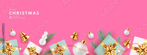 Christmas banner. Xmas background design with realistic gift boxes, golden conical Christmas trees, bauble balls, garland lights. Horizontal christmas poster, greeting card, header for website