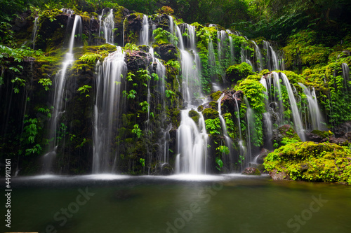 Waterfall landscape. Beautiful hidden waterfall in tropical rainforest. Nature background. Slow shutter speed, motion photography. Banyu Wana Amertha waterfall, Bali, Indonesia