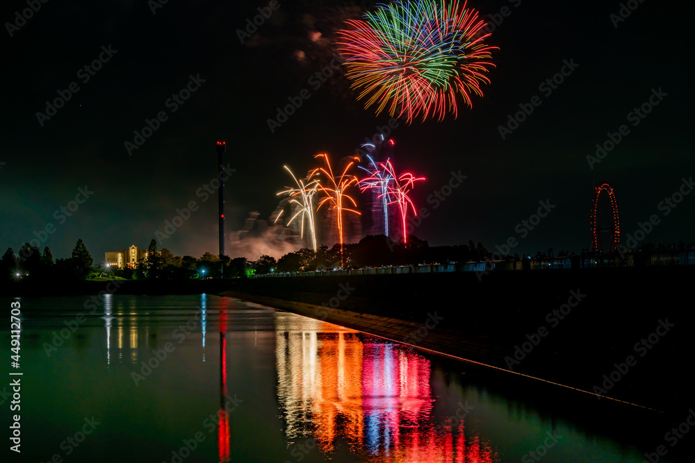 Beautiful Fireworks Celebration In Japan | Summer Season Night Festival | Near The Lake | No People  | Firework With Colourful Shadow 