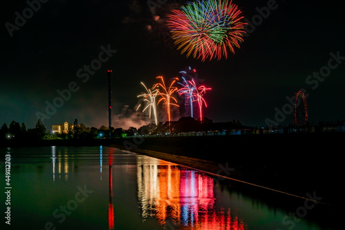 Beautiful Fireworks Celebration In Japan | Summer Season Night Festival | Near The Lake | No People | Firework With Colourful Shadow 