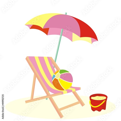 parasol, lounger and beach ball, colored vector illustration on white background, pink color