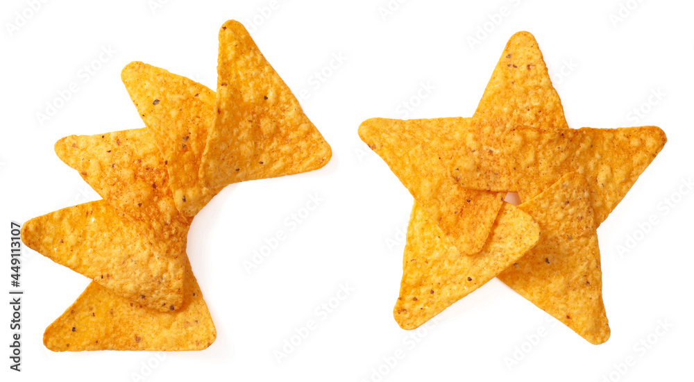Flavoured corn chips isolated on white background, top view Flavoured corn chips isolated on white background, top view