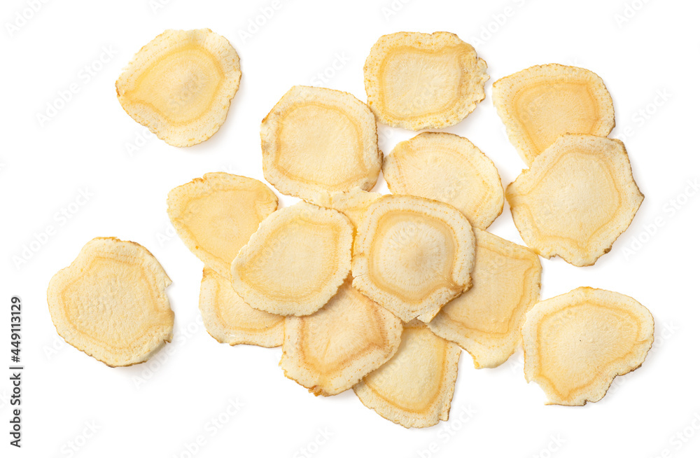 Dried American ginseng slices isolated on white background, top view