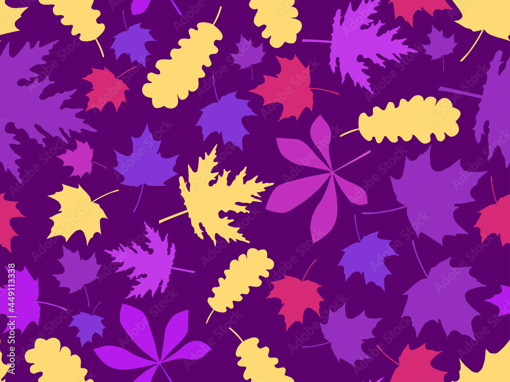 Autumn leaves seamless pattern. Colorful falling leaves, leaf fall. Oak and maple. Autumn background for printing, wrapping paper and advertising. Vector illustration