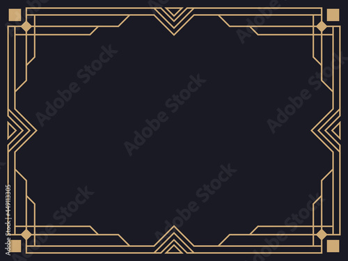 Art deco frame. Vintage linear border. Design a template for invitations, leaflets and greeting cards. Geometric golden frame. The style of the 1920s - 1930s. Vector illustration