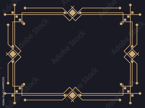 Art deco frame. Vintage linear border. Design a template for invitations, leaflets and greeting cards. Geometric golden frame. The style of the 1920s - 1930s. Vector illustration