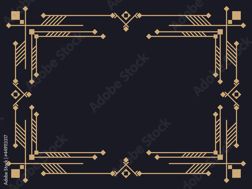Art deco frame. Vintage linear border. Design a template for invitations, leaflets and greeting cards. Geometric golden frame. The style of the 1920s - 1930s. Vector illustration