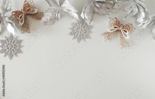 Christmas background . Xmas or New Year decorations in silver gold colors on ...