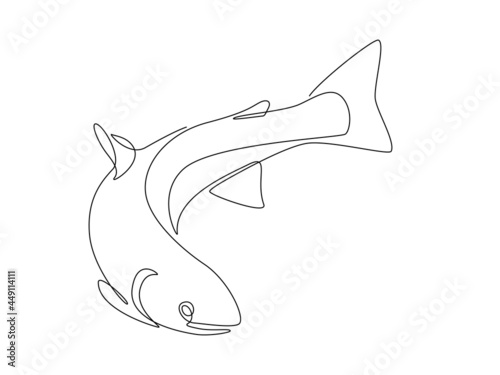 Salmon fish in one continuous line drawing. Fresh seafood in linear sketch style on white background. Vector illustration