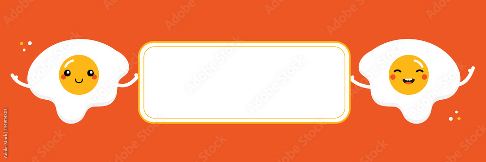 Couple of cute smiling cartoon style fried egg characters holding blank card, banner. Couple of cute smiling cartoon style fried egg characters holding blank card, banner.