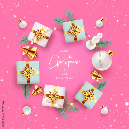 Xmas modern design with 3d realistic golden gift boxes  pine branches  golden conical Christmas trees  balls and falling snow. Christmas greeting card  poster  holiday cover  web social media banner