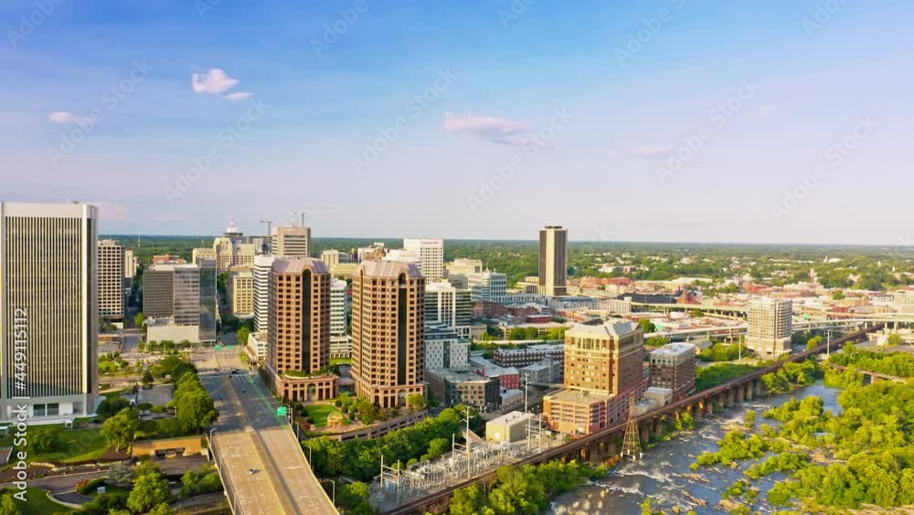 Aerial view of Richmond, VA skyline with slow camera rotation around the city center. Richmond is the capital city of the Commonwealth of Virginia in the United States