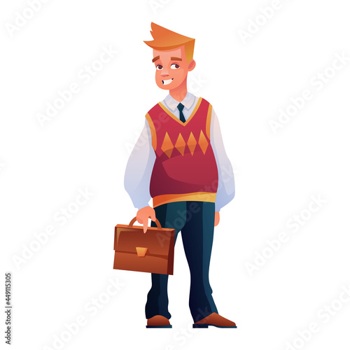 Cartoon office character in flat style. An adult man in a vest with a tie, with a suitcase in his hand. Business man. Manager. Office employee.