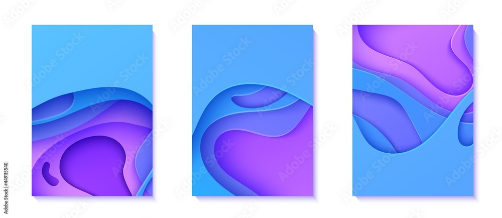Set of neon wavy flyers in paper cut style. Collection of 3d abstract banners with cut out waves. Blue and violet color gradient cards with holes. Vector cover with origami smooth geometric shapes.