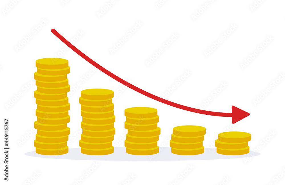 Money loss icon. Chart with red down arrow and coins symbol vector illustration. Financial crisis concept Money loss icon. Chart with red down arrow and coins symbol vector illustration. Financial crisis concept