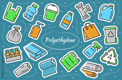 Low density polyethylene - sticker elements set. LDPE products - food package, plastic bottle, bucket, garbage bag. Vector illustrations.