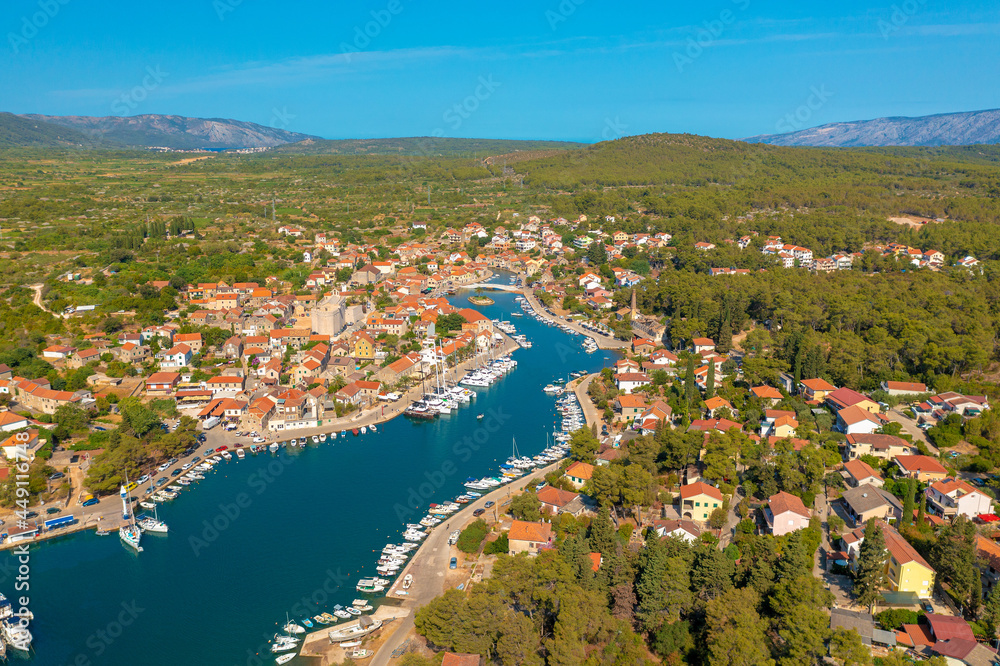 Aerial scene of Vrboska town on Hvar island, Croatia