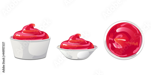 Tomato ketchup in bowl. Red sause with swirl in ramekin. Spice dressing, condiment in flat cartoon style. Vector illustration.
