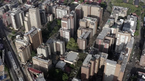 Johannesburg CBD, Joburg, South Africa. Drone Arial moving across the tower blocks. photo