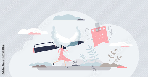 Freewriting as independence and carefree text typing tiny person concept. Literature and handwriting creative process vector illustration. Imagination and effortless poetry with freedom feeling.