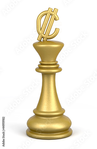 Golden Chess pieces king with Costa Rican colón Symbol head isolated on white background. 3d Illustration. 
