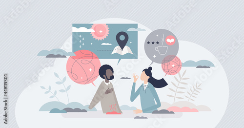 Small talk as informal discourse with light topics speech tiny person concept. Communication or dialogue process as socialization and information exchange vector illustration. Primitive language scene