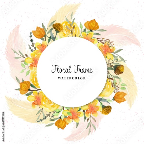 Beautiful Floral Watercolor Frame With Wild Flower And Feather