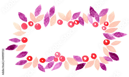Mythical purple leaves and red berry frame for decoration on fantasy natural theme and Christmas holiday festival.