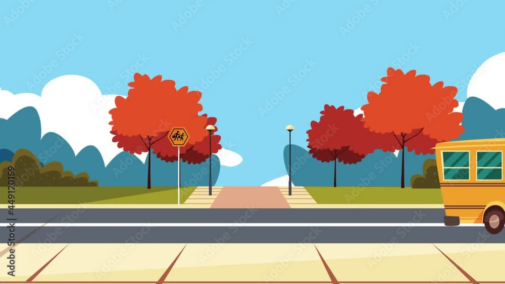 back to school animation with bus scene