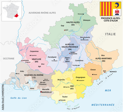 Fototapeta Naklejka Na Ścianę i Meble -  Administrative vector map of the French region Provence-Alpes-Cote d'Azur with flag
