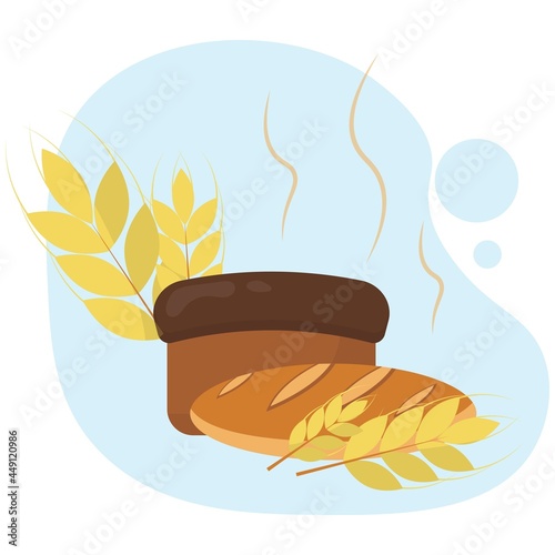  Hot bread illustration. Wheat spikelets with bread. World Bread Day. Banner, postcard, advertising.