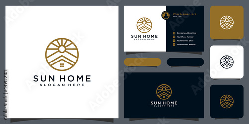 Minimalist line abstract home with sun light logo design photo