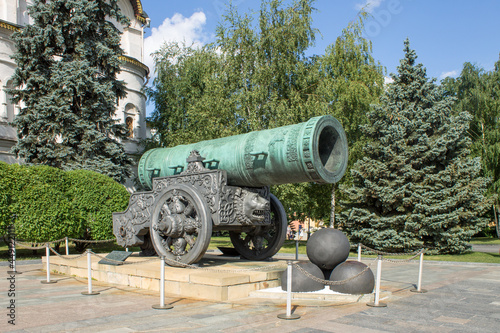 famous place the bronze monument-the Tsar cannon on the Cathedral Square in the Kremlin close-up on a sunny summer day in Moscow