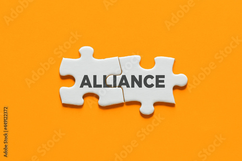 Connected puzzle pieces with the word alliance. Cooperation, partnership, solidarity and support in business concept.