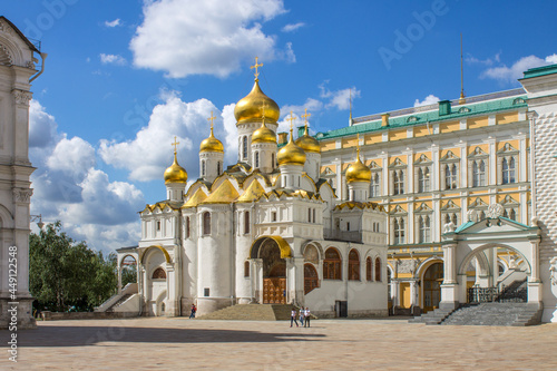The Annunciation Cathedral in the Kremlin with golden domes shining in the sun on a clear summer day in Moscow Russia