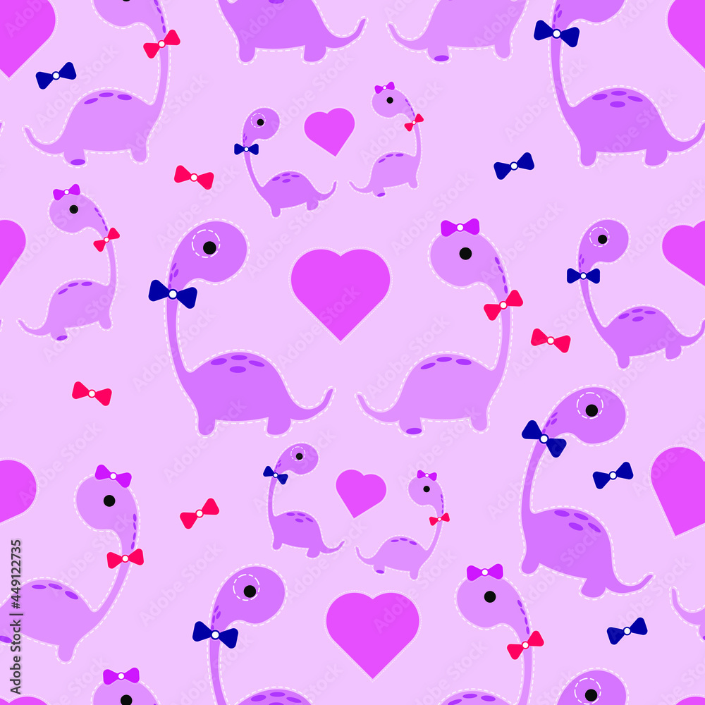 Cute couple in love with pink dinosaur seamless pattern. Vector texture in style for fabric, wallpapers Cute couple in love with pink dinosaur seamless pattern. Vector texture in style for fabric, wallpapers