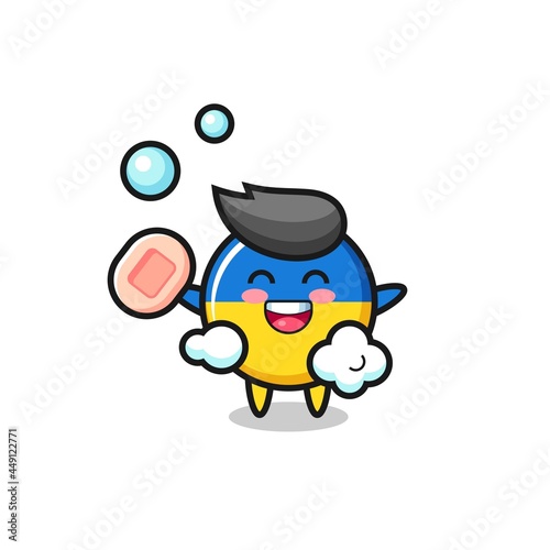 ukraine flag badge character is bathing while holding soap