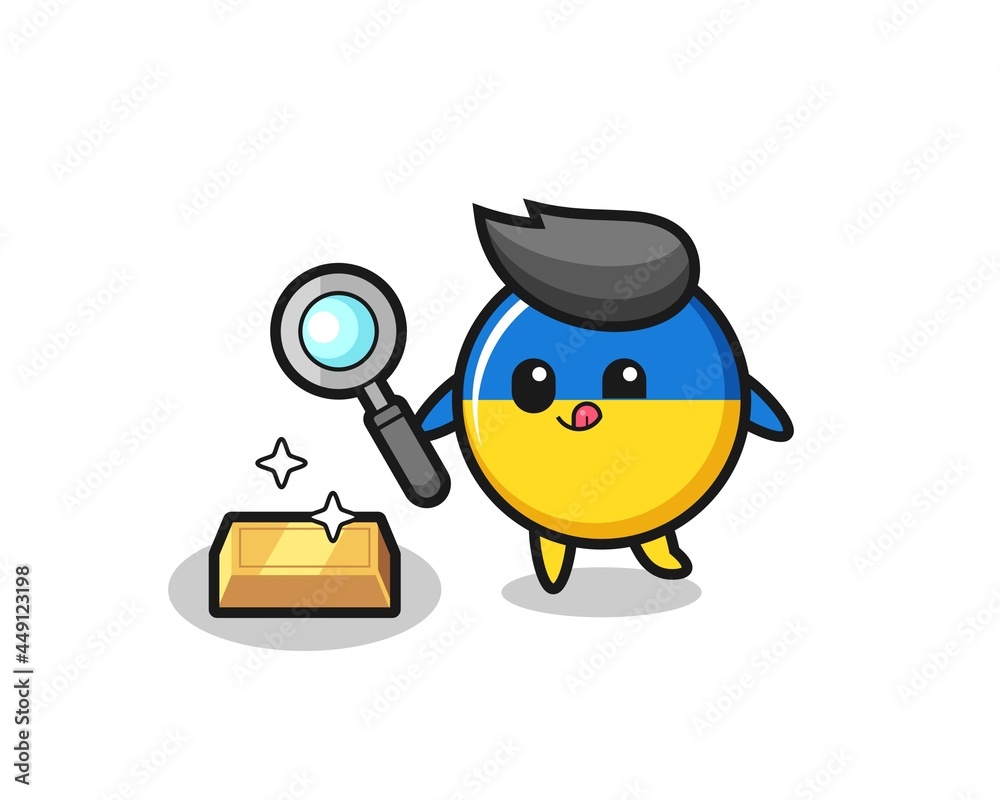 Fototapeta premium ukraine flag badge character is checking the authenticity of the gold bullion