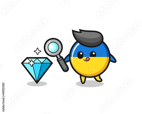 ukraine flag badge mascot is checking the authenticity of a diamond