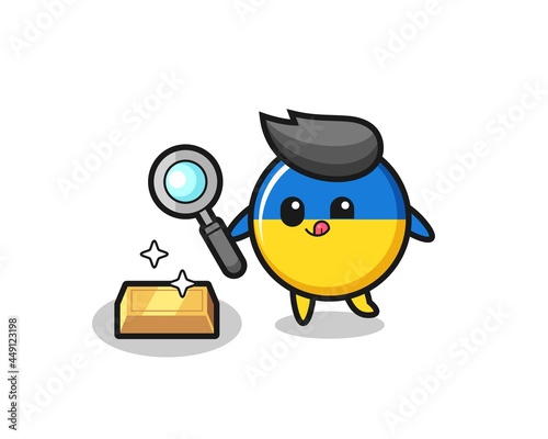 ukraine flag badge character is checking the authenticity of the gold bullion