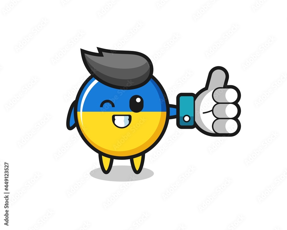 Fototapeta premium cute ukraine flag badge with social media thumbs up symbol