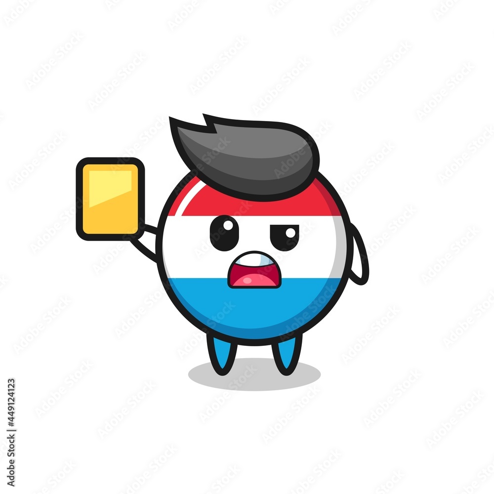 cartoon luxembourg flag badge character as a football referee giving a yellow card