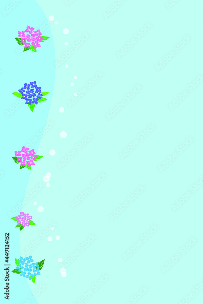 Hydrangea flowers on a sky blue background with bubbles