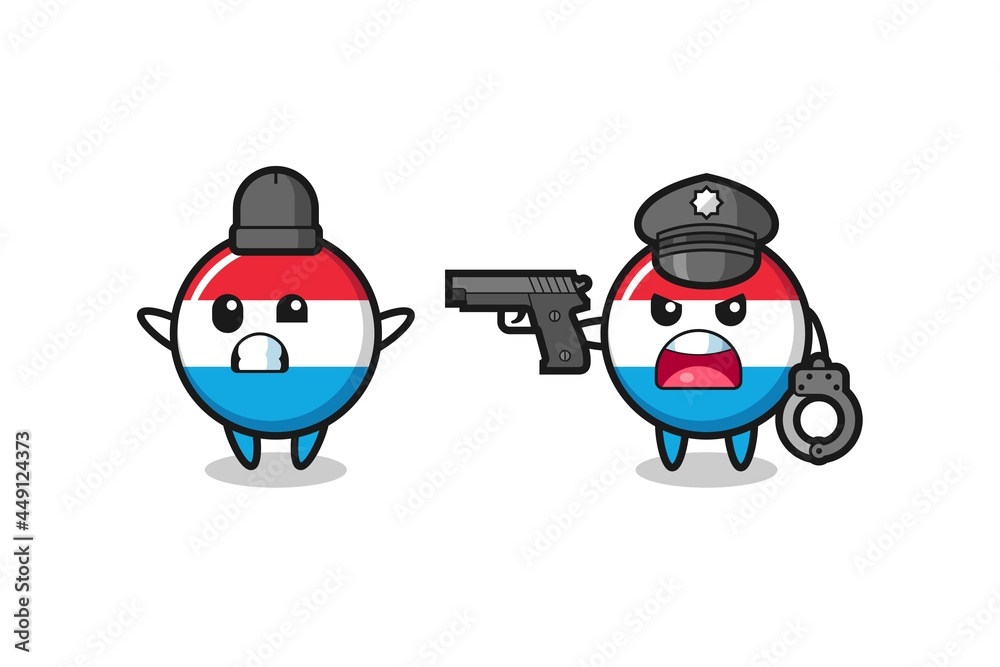 illustration of luxembourg flag badge robber with hands up pose caught by police