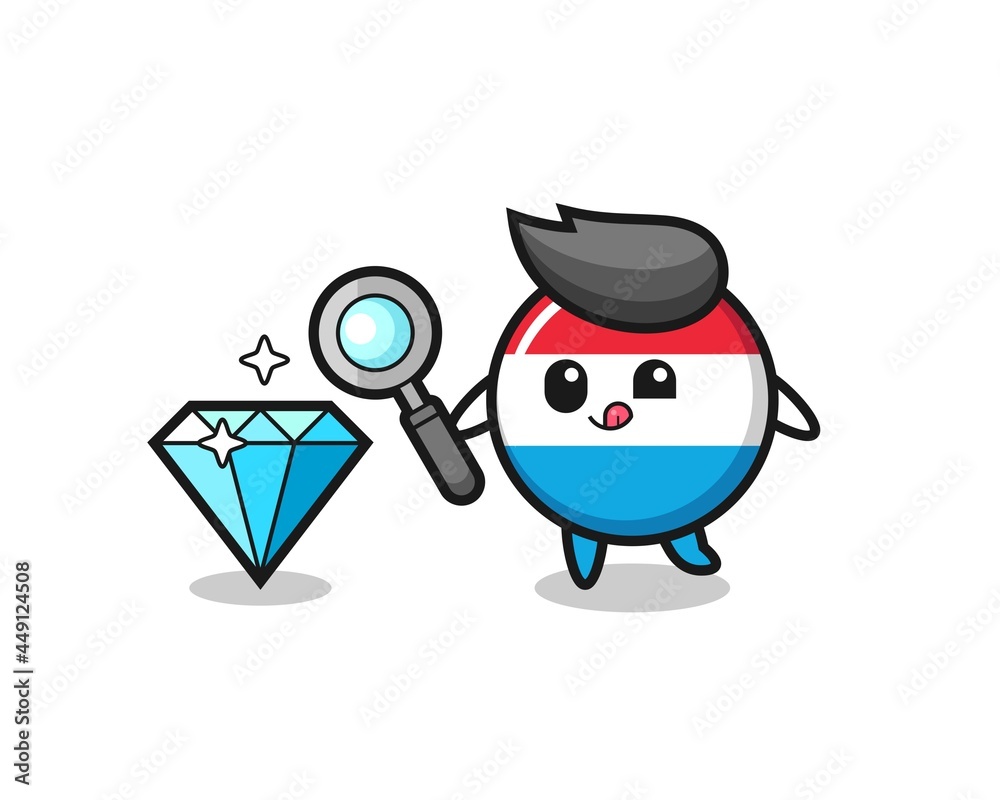 luxembourg flag badge mascot is checking the authenticity of a diamond