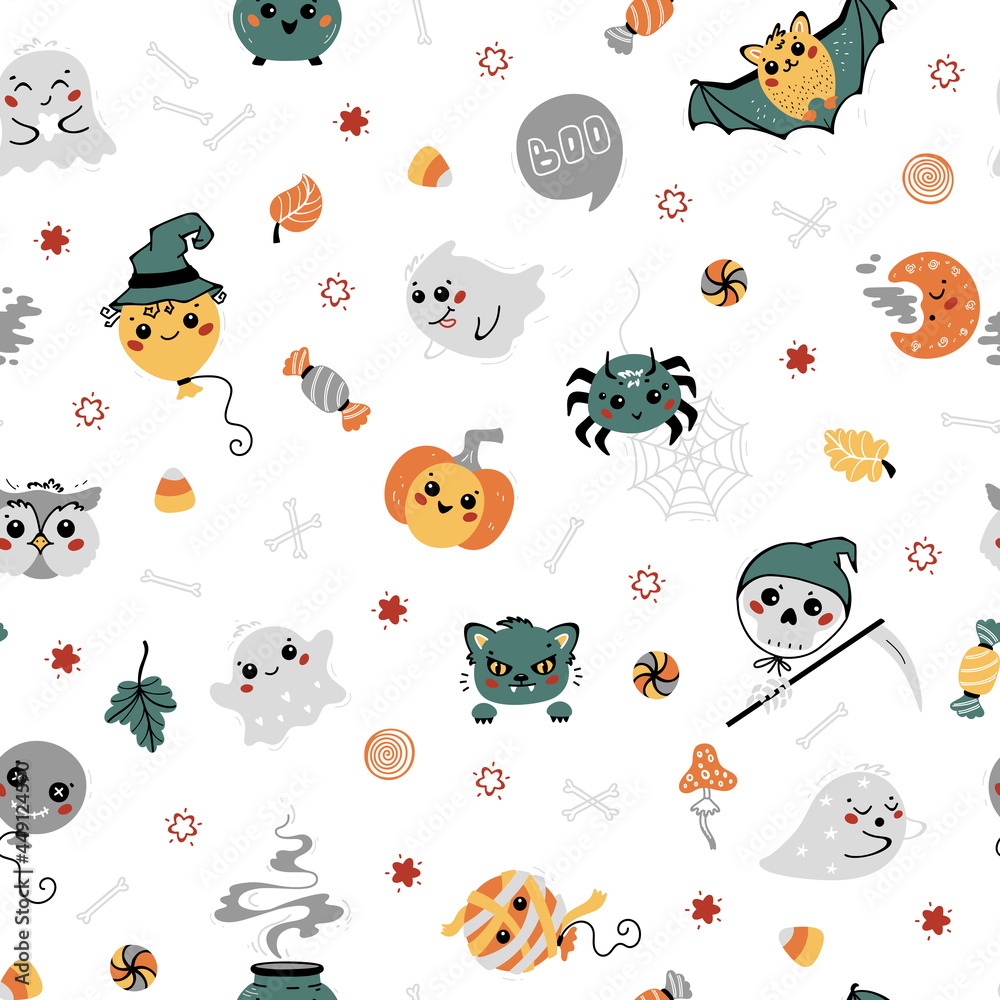 Vector Halloween Autumn Holiday Seamless Pattern. Cute Kawaii halloween Characters: Ghosts, Balloons, Animals, Pumpkin, Skull etc. Colorful Fun Background for Kids. Vector Halloween Autumn Holiday Seamless Pattern. Cute Kawaii halloween Characters: Ghosts, Balloons, Animals, Pumpkin, Skull etc. Colorful Fun Background for Kids.