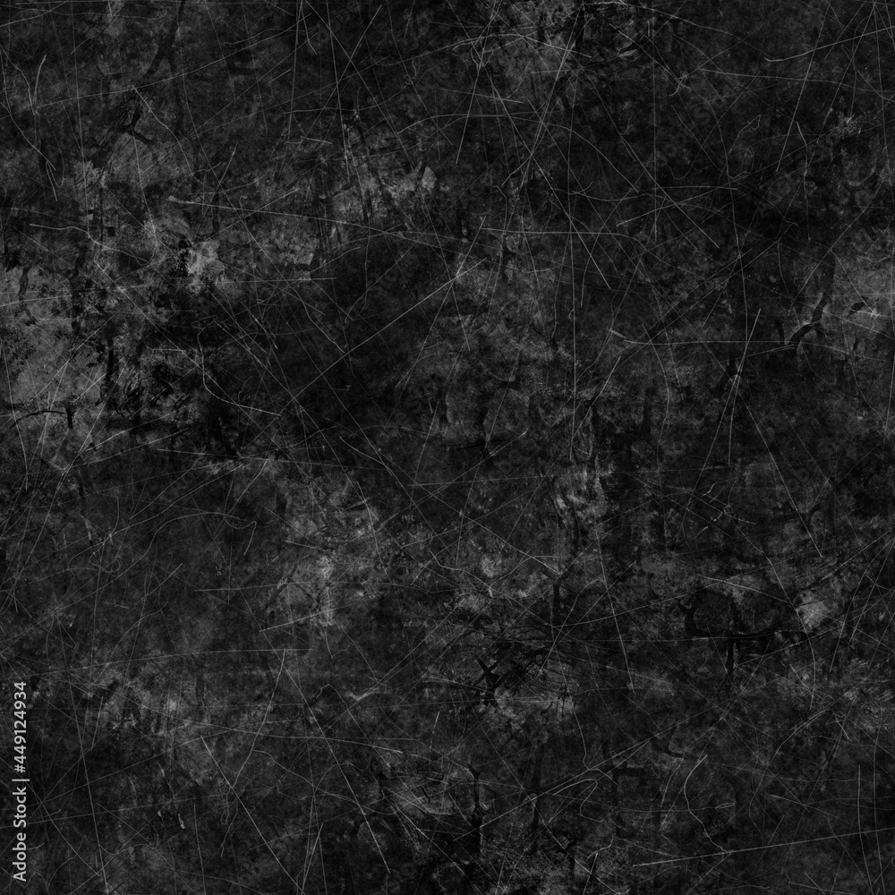 Naklejka premium Seamless dark gray or black grungy dirty distressed background. High quality illustration. Messy scratched worn moody chalkboard or concrete wall texture. Ragged downtown tattered urban design.