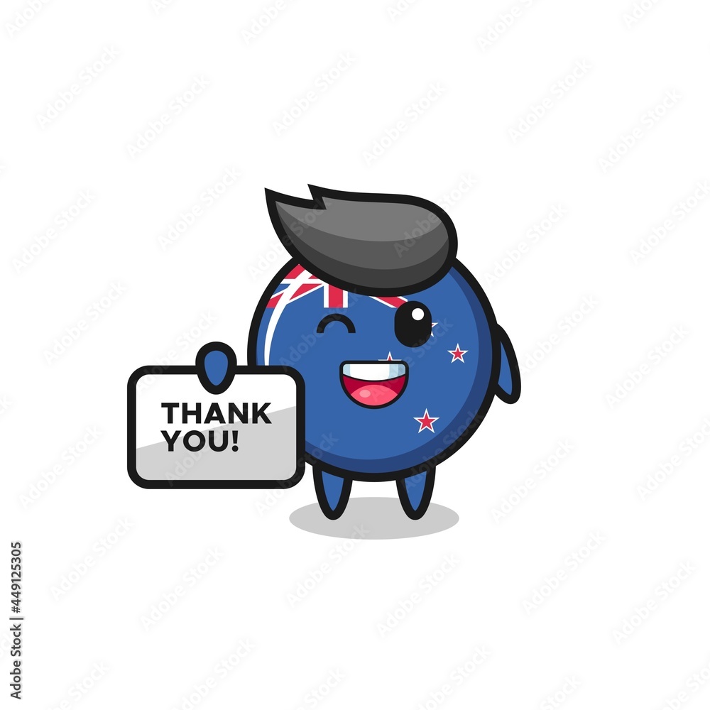 the mascot of the new zealand flag badge holding a banner that says thank you