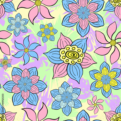 Abstract fantasy flowers and blots seamless pattern background. Stylized doodle floral motifs endless texture. Ditsy editable repeating surface design. Flat boundless botanic ornament