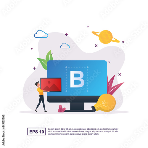 branding concept with letter B on screen and people carrying pictures.
